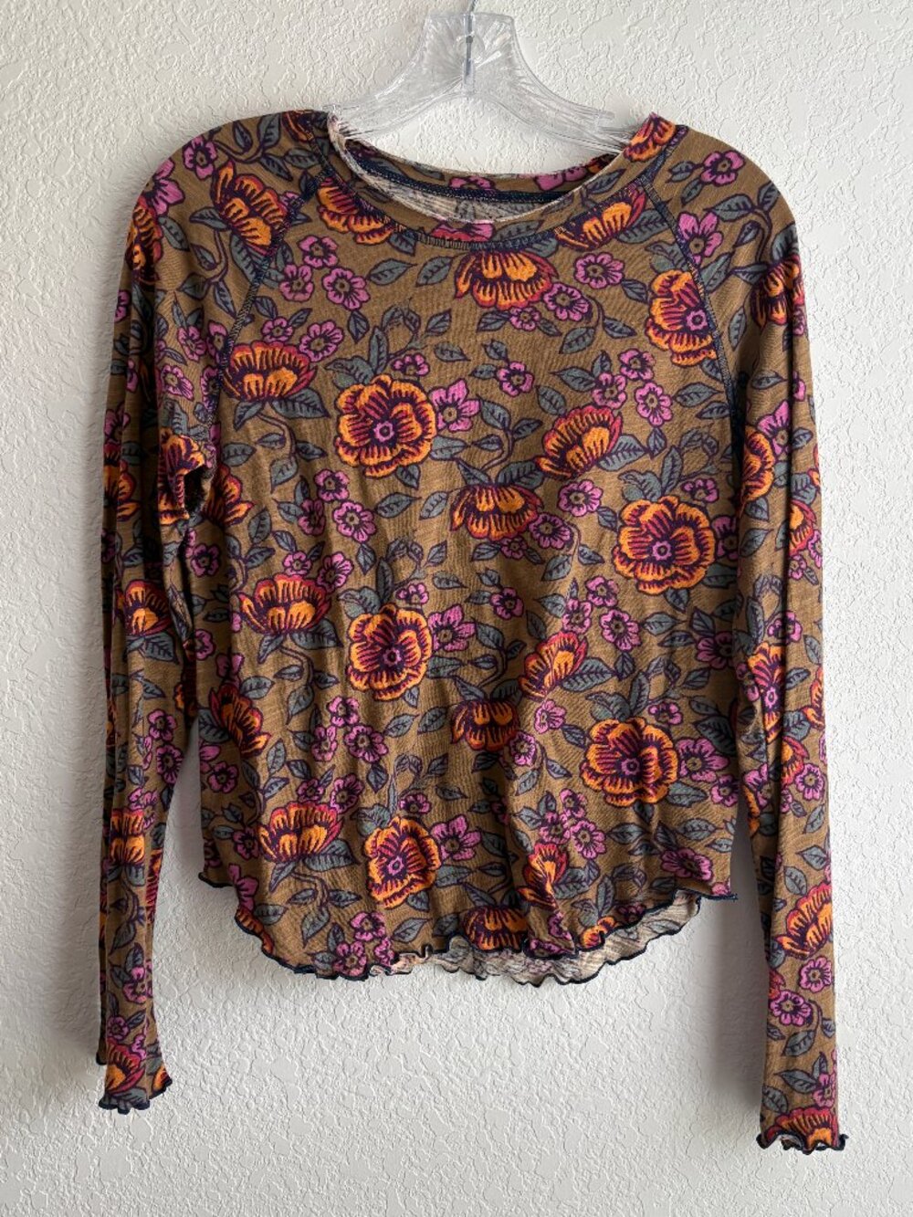 Natural Life Lily Cotton Long Sleeve Tee Shirt - Woodcut Floral Bronze - Small